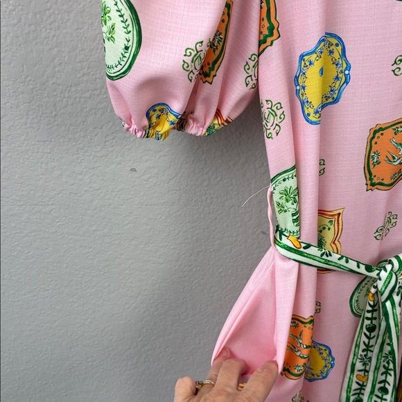 Porcelain Print Linen Midi Shirt Dress Pink Balloon Sleeve Belted Boho Luxe M - Picture 7 of 10